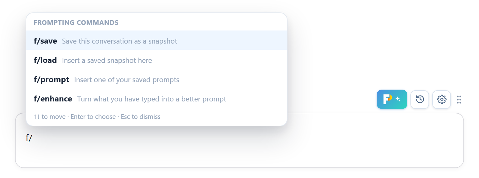 A command menu open above the chat box listing f/save, f/load, f/prompt and f/enhance, each with a one-line description