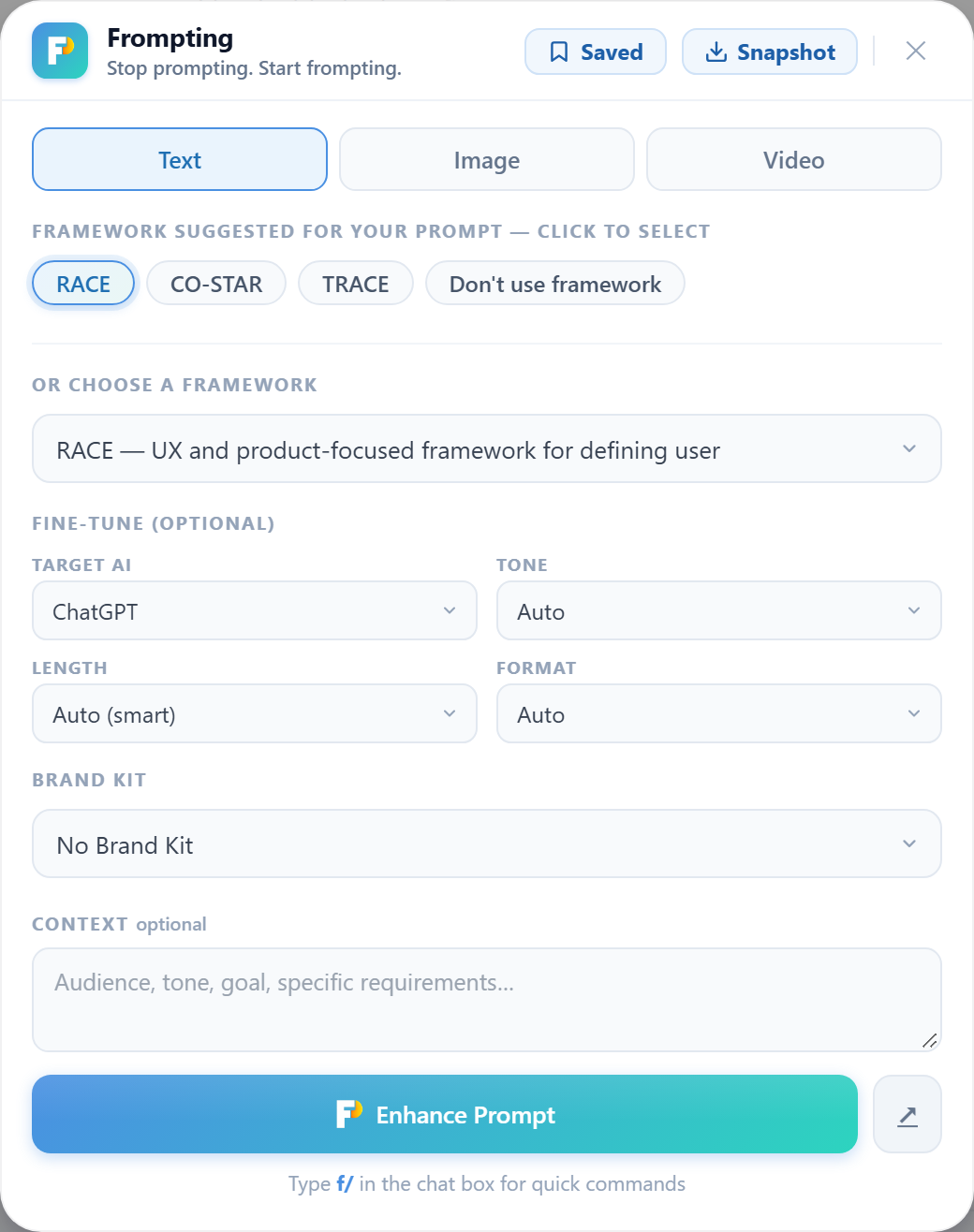 The Frompting panel open over a chat, with Text/Image/Video tabs, three suggested frameworks, a framework dropdown, fine-tune selectors, a Brand Kit selector, a context box and the Enhance Prompt button