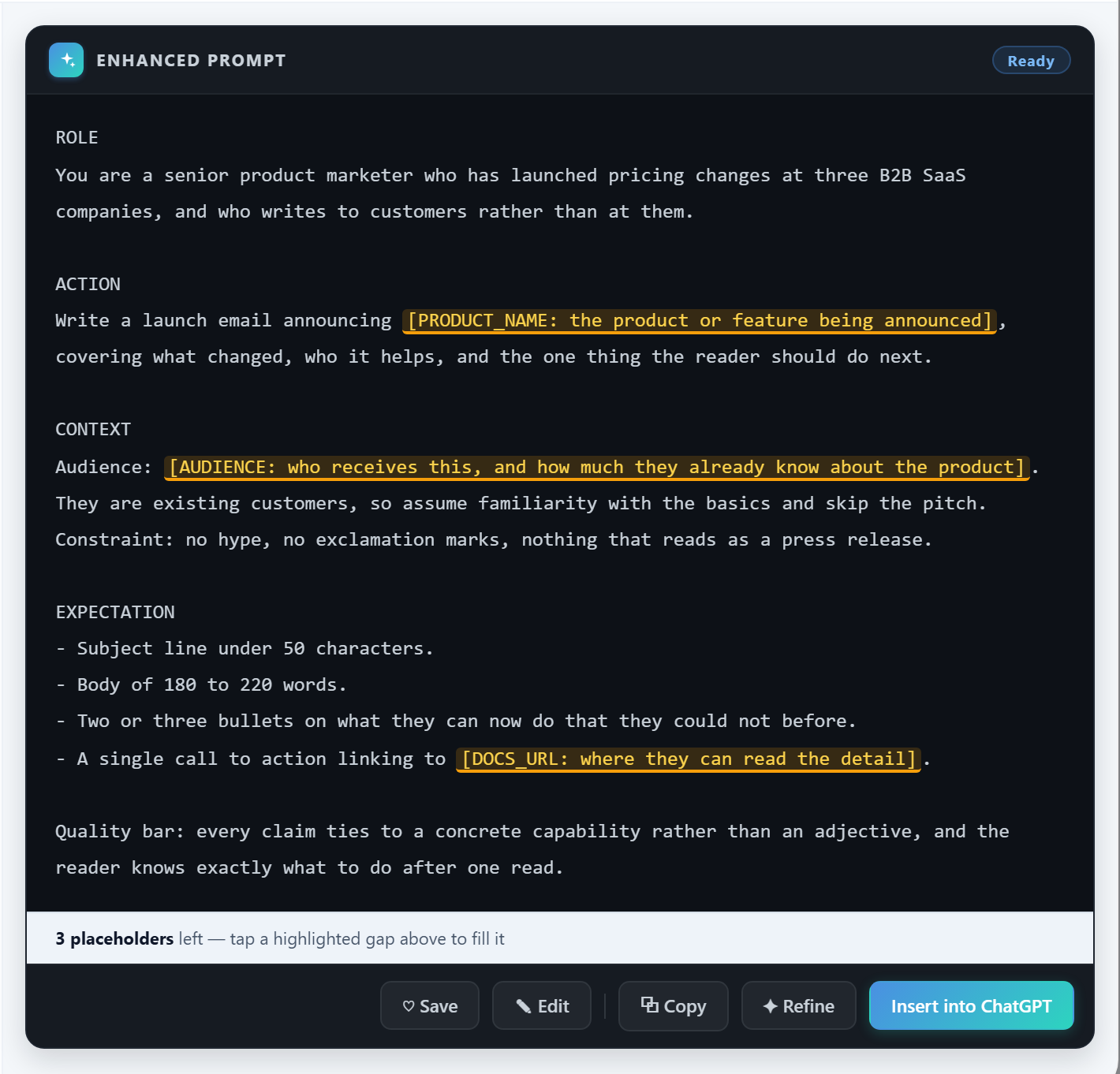 A finished, structured prompt shown in the panel's output area with Insert, Copy and Save actions