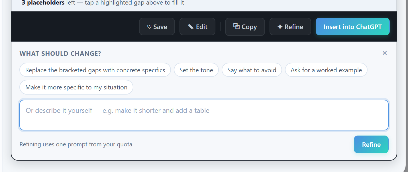 The refine bar under a generated prompt, with a text box for what to change