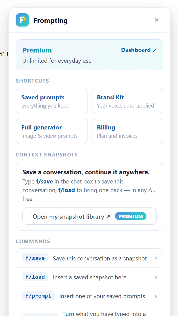 The gear panel open at the top-right of a chat: account row, four shortcut tiles, a Context Snapshots card with an Open my snapshot library button, a Commands list, a Connected status card and a This site row reading chatgpt.com Active