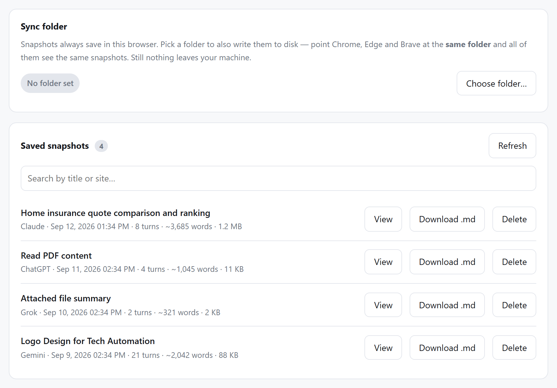 The Context Snapshots page: a sync-folder card, a search box, and a list of four saved snapshots each with View, Download .md and Delete buttons