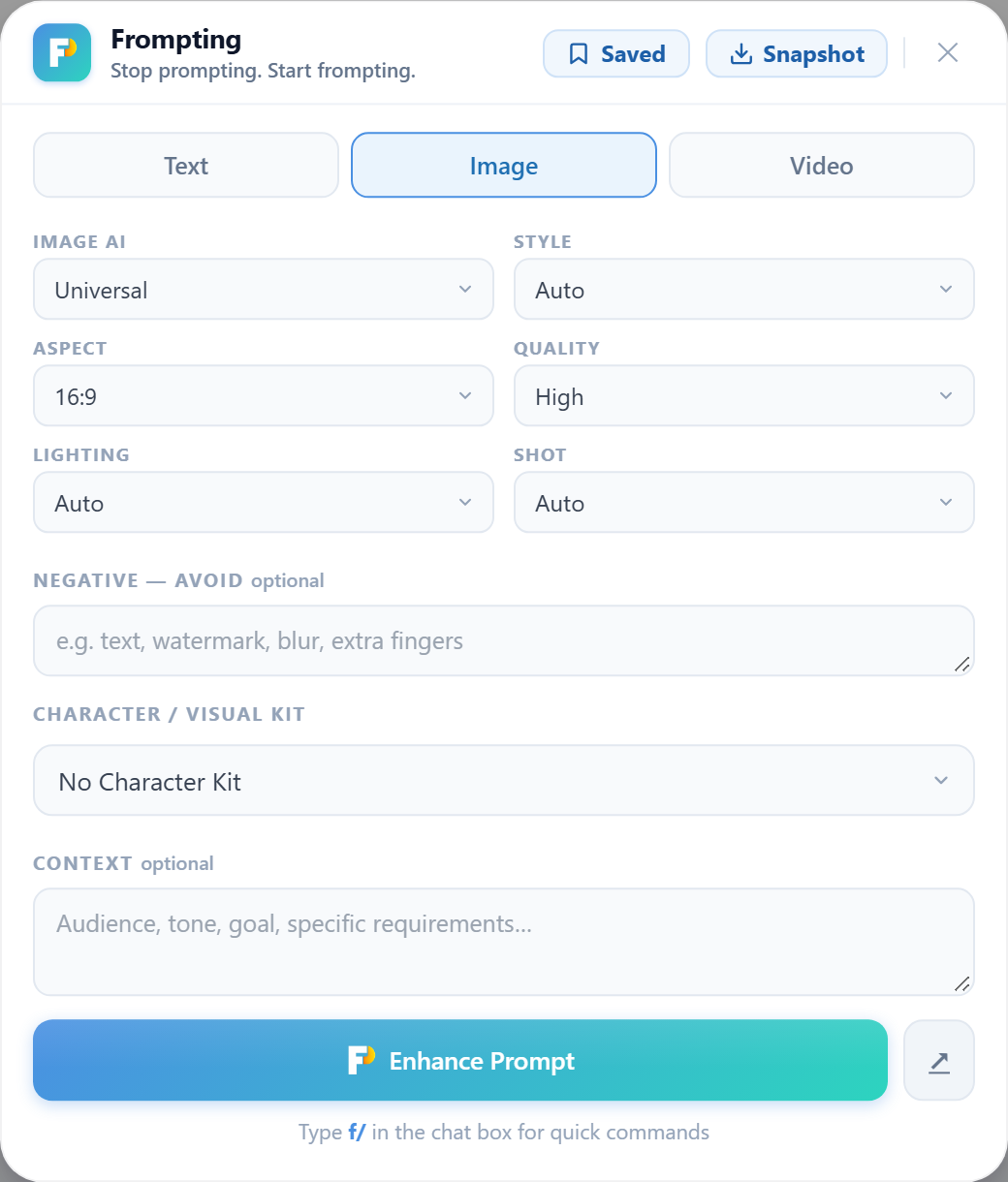 The panel's Image tab, with selectors for image AI, style, aspect ratio, quality, lighting and shot, plus a negative-prompt box