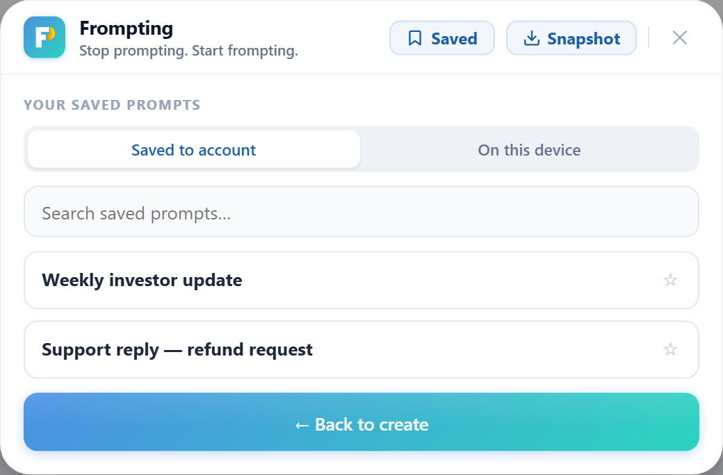 The Saved view inside the panel: Saved to account and On this device tabs, a search box, and saved prompts each with a star