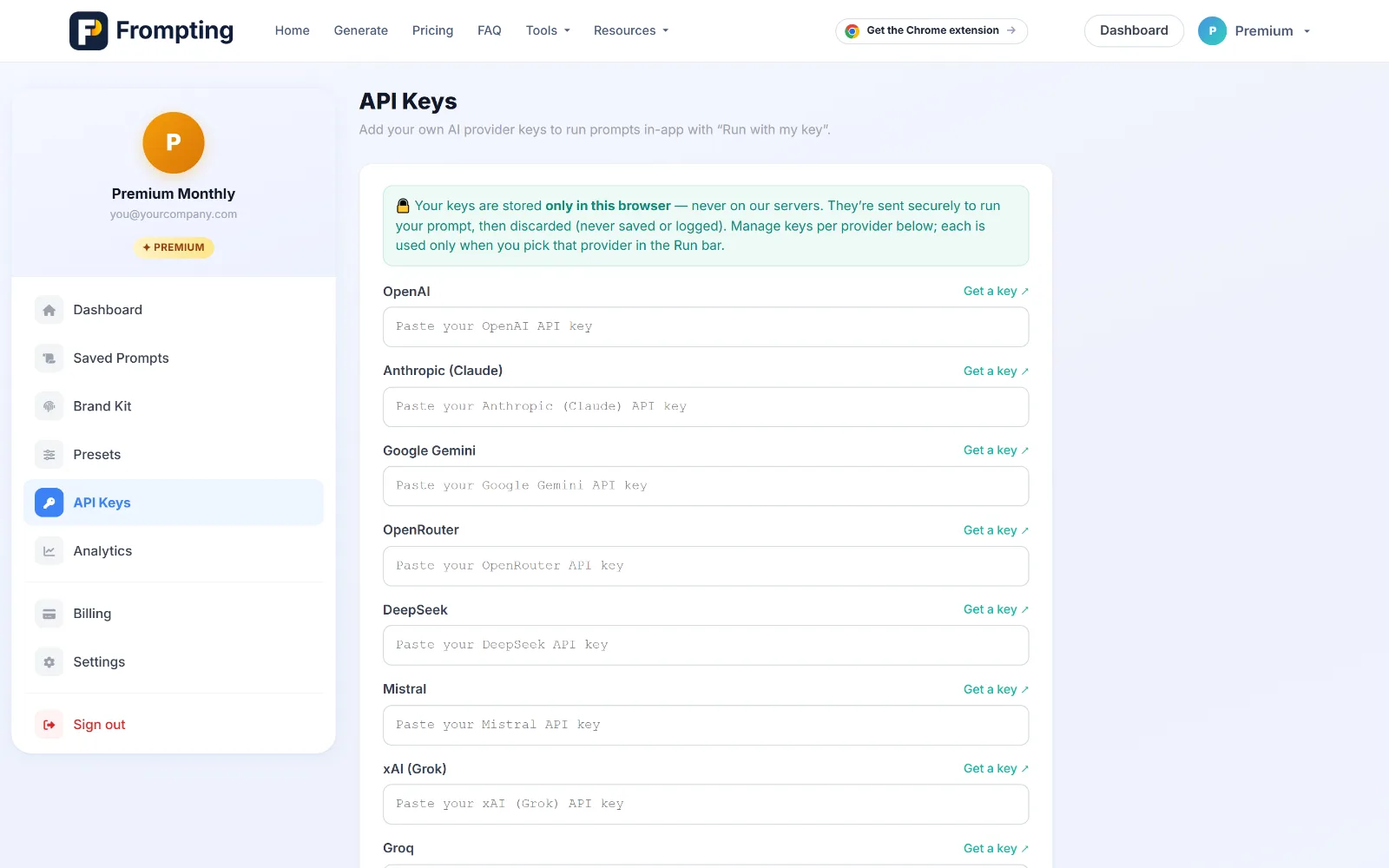 The API Keys page. Keys are stored in your browser and never reach our servers.