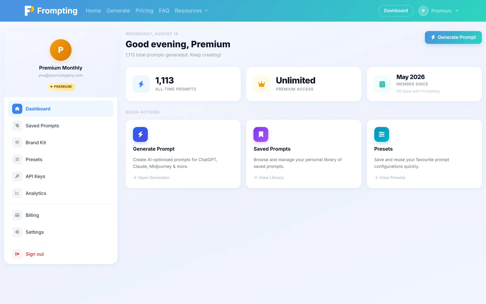 The dashboard home, showing usage at a glance.
