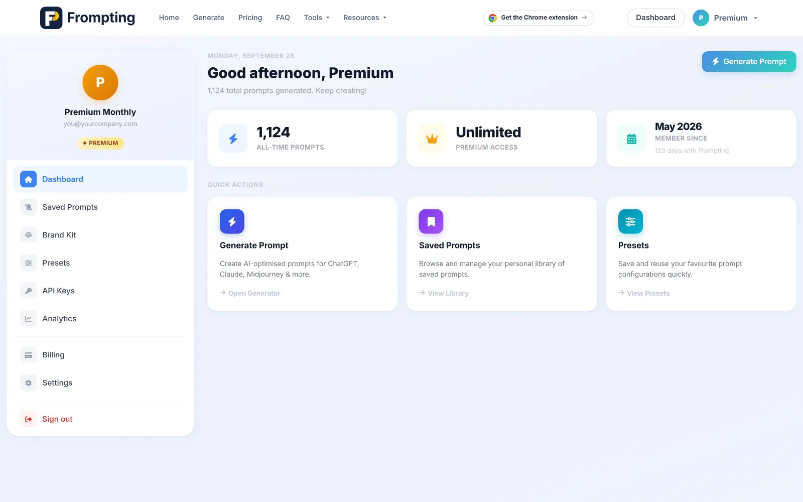 The dashboard home, showing usage at a glance.
