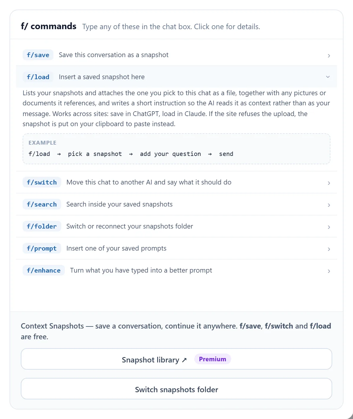 Click any command for the full description and an example.