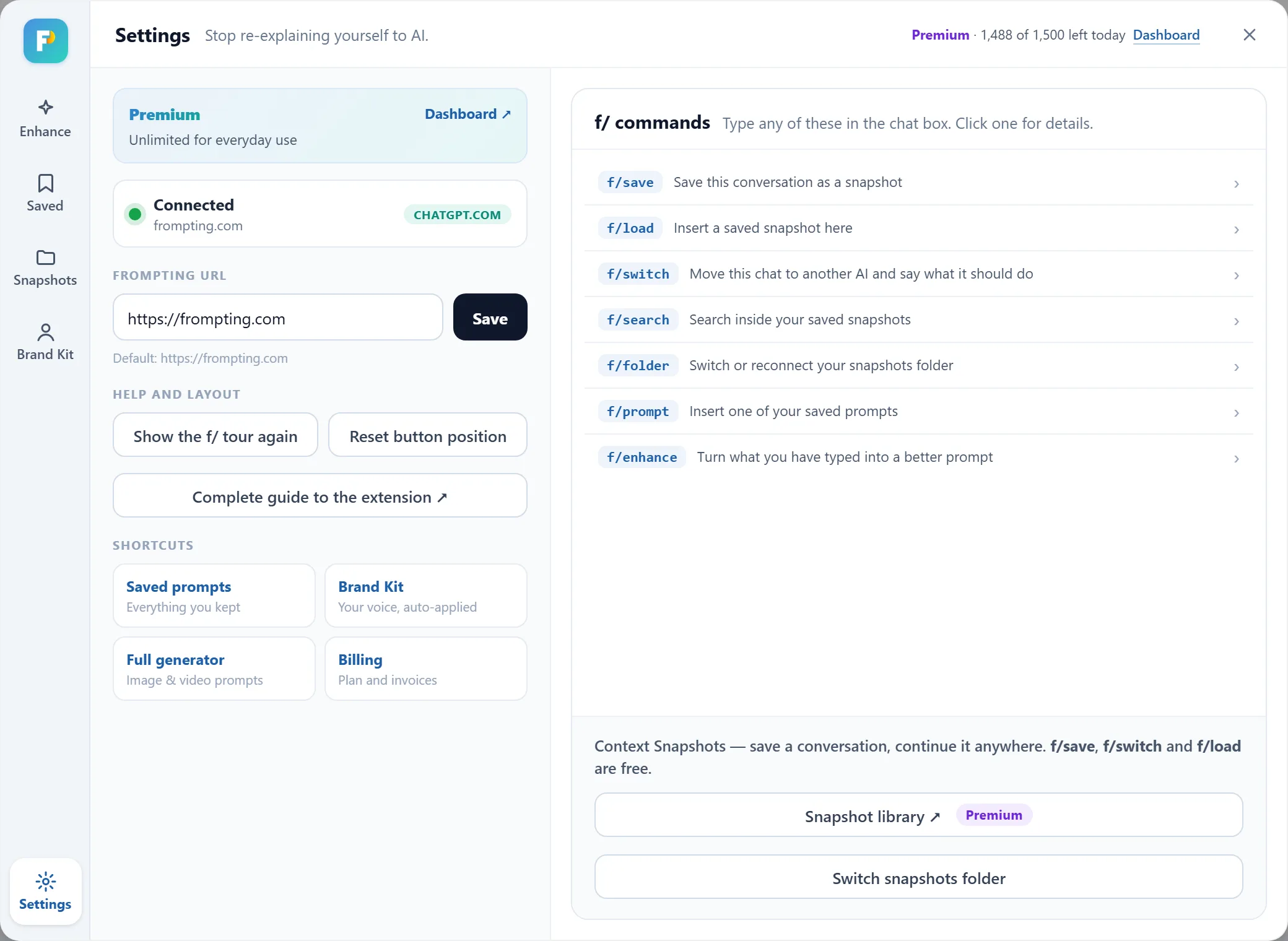 Settings: account, connection, the Frompting URL, help and shortcuts on the left; every f/ command and Context Snapshots on the right.