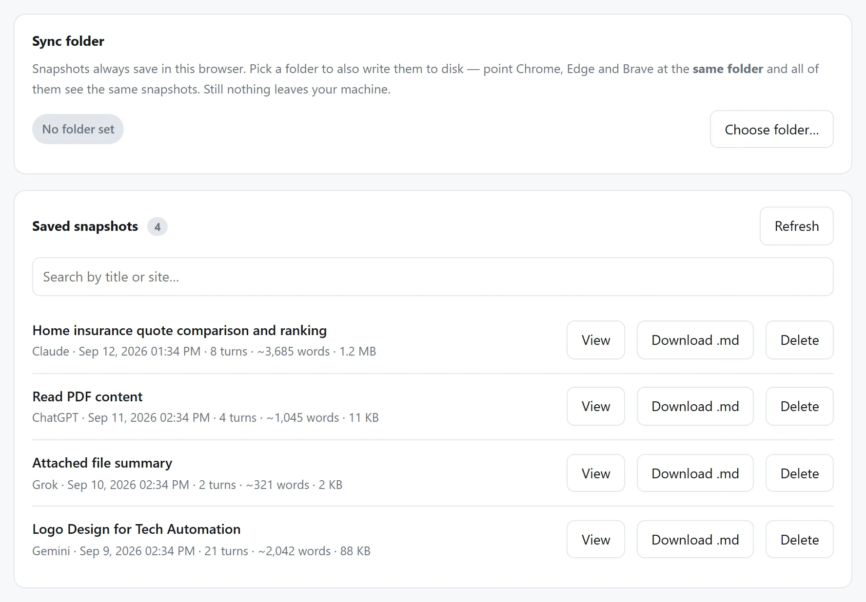 The library: every snapshot with the site it came from, its date, turns and size. Search by title or site; View, Download .md, Delete. Deleting here never touches a file in your sync folder.