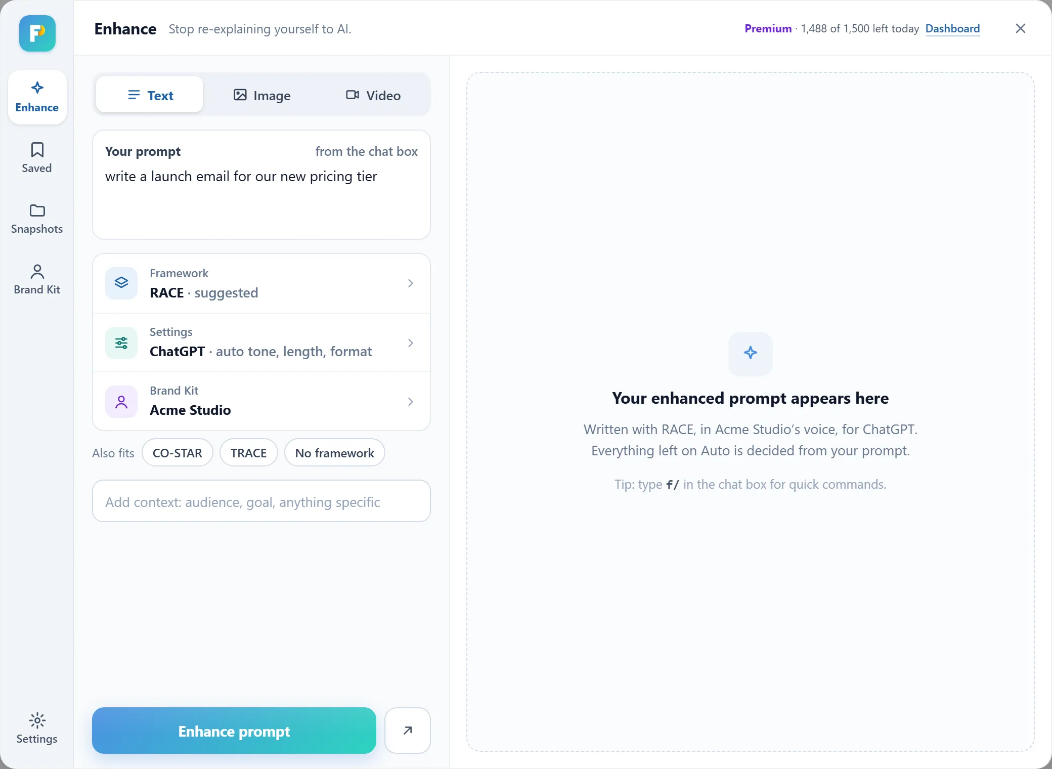 The panel, with RACE picked for a launch-email idea and CO-STAR and TRACE under Also fits. The sections down the left: Enhance, Saved, Snapshots, Brand Kit and Settings. Six frameworks are free; Premium has all 60+.