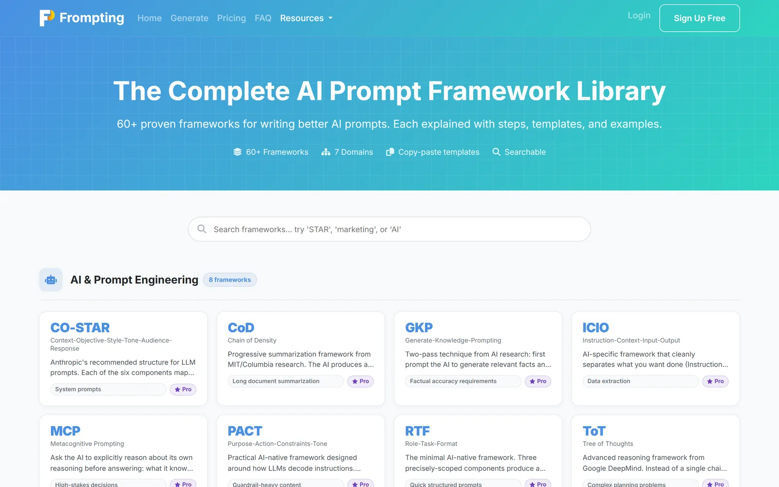 The framework library, where each framework is explained with its ideal use case.