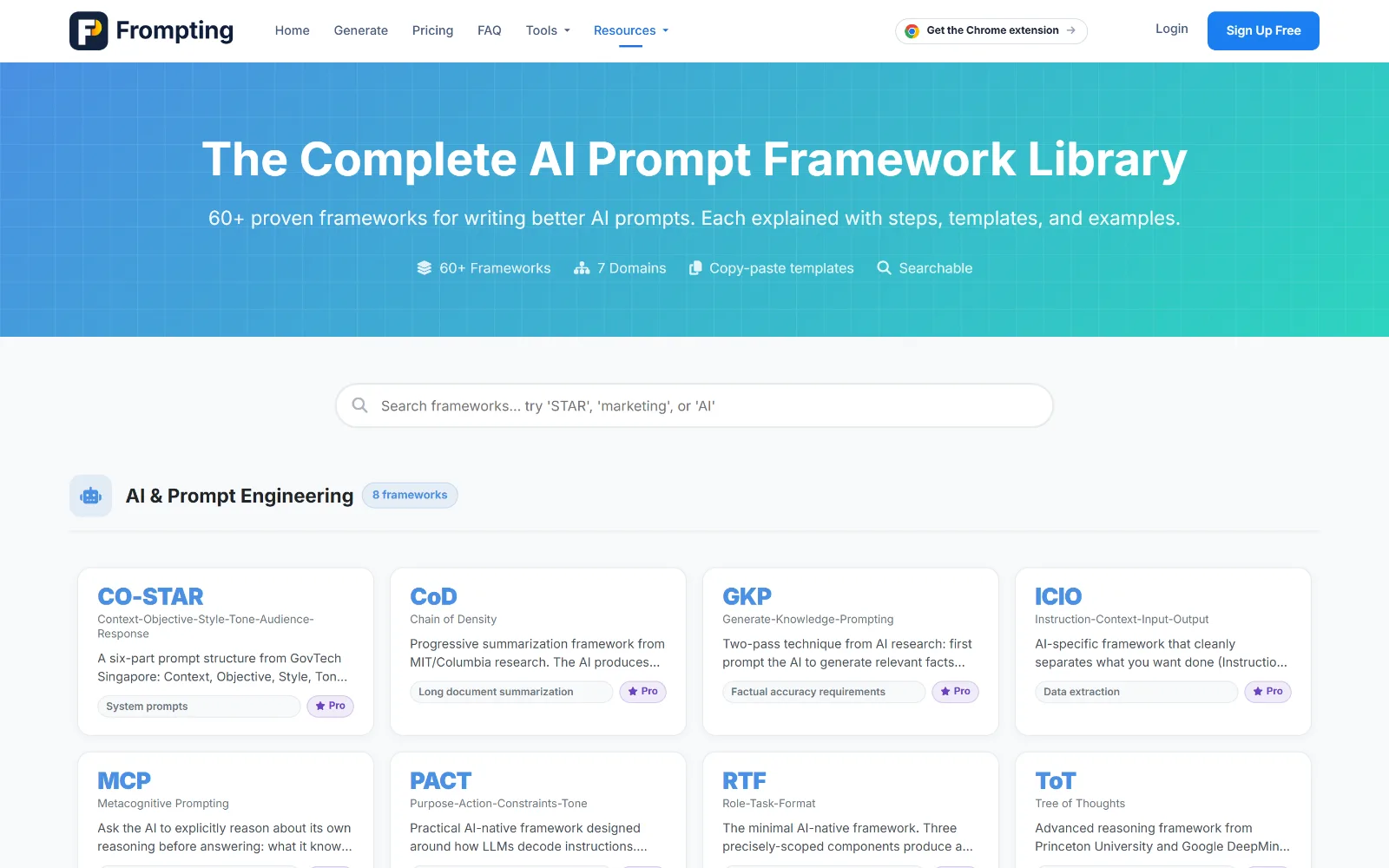The framework library, where each framework is explained with its ideal use case.