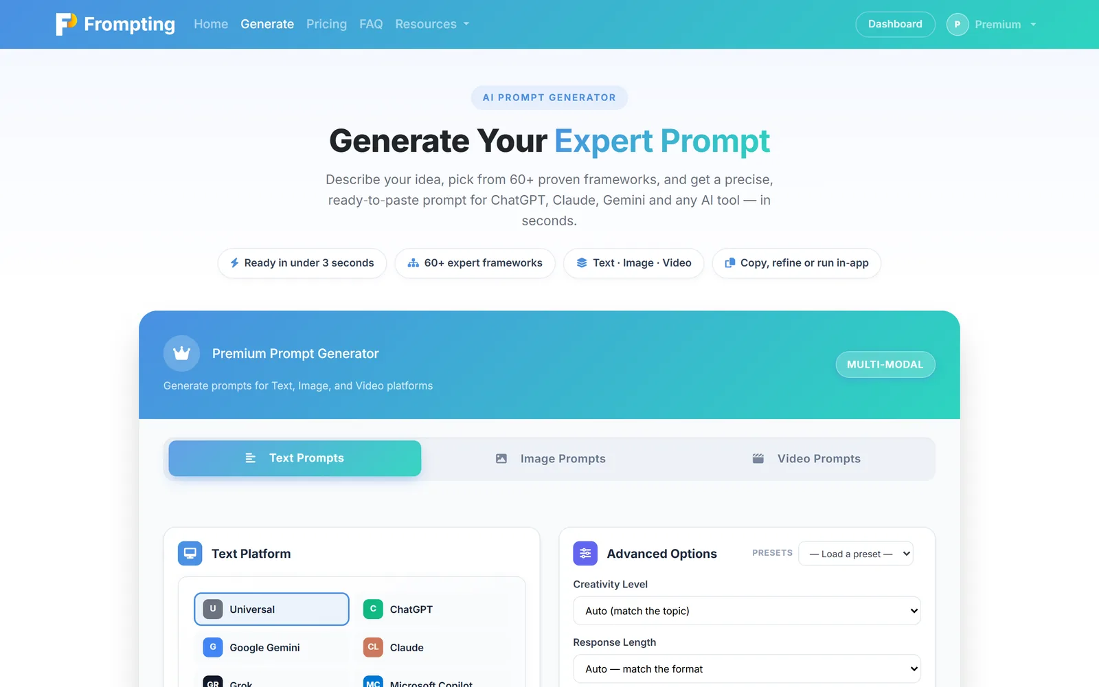 The Premium generator, with the Text / Image / Video tabs across the top.