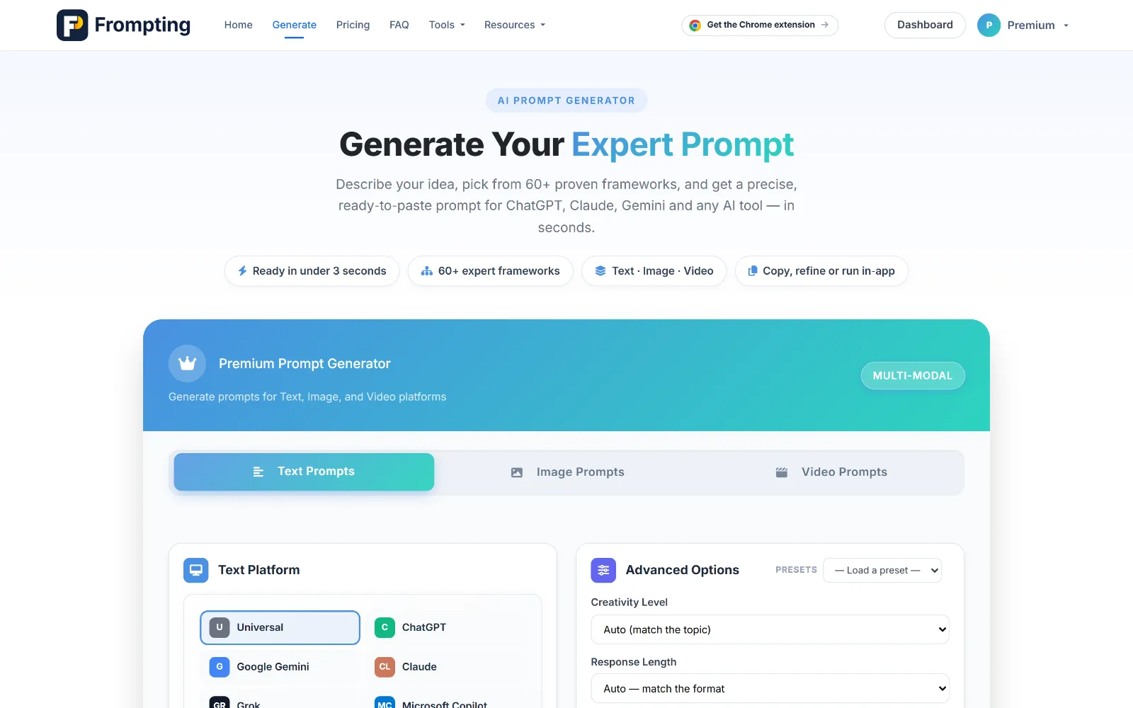 The Premium generator, with the Text / Image / Video tabs across the top.