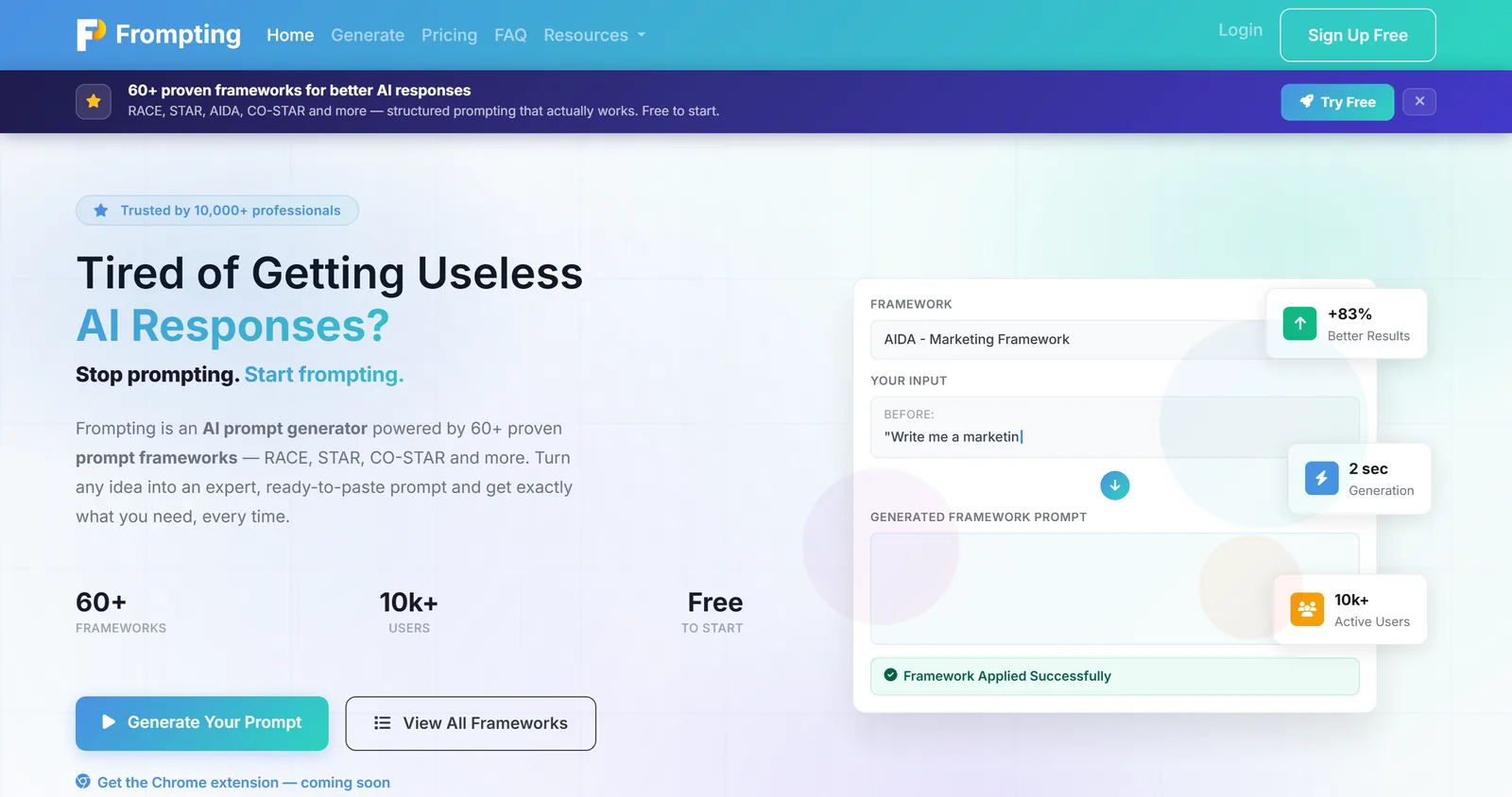 The Frompting home page. "Generate" is where you will spend nearly all your time.