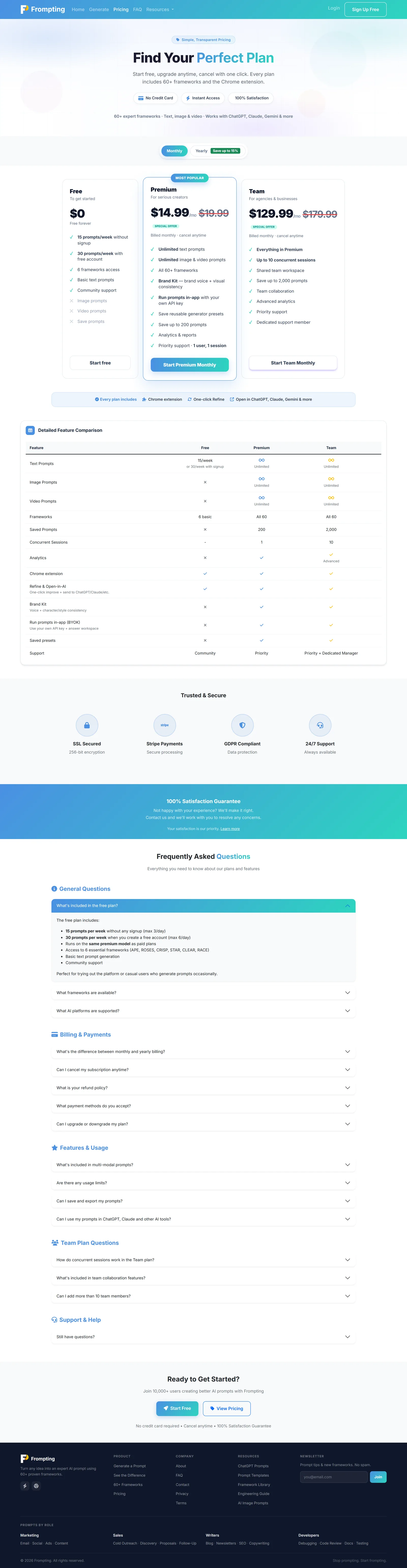 The pricing page, where you can switch between monthly and yearly billing.