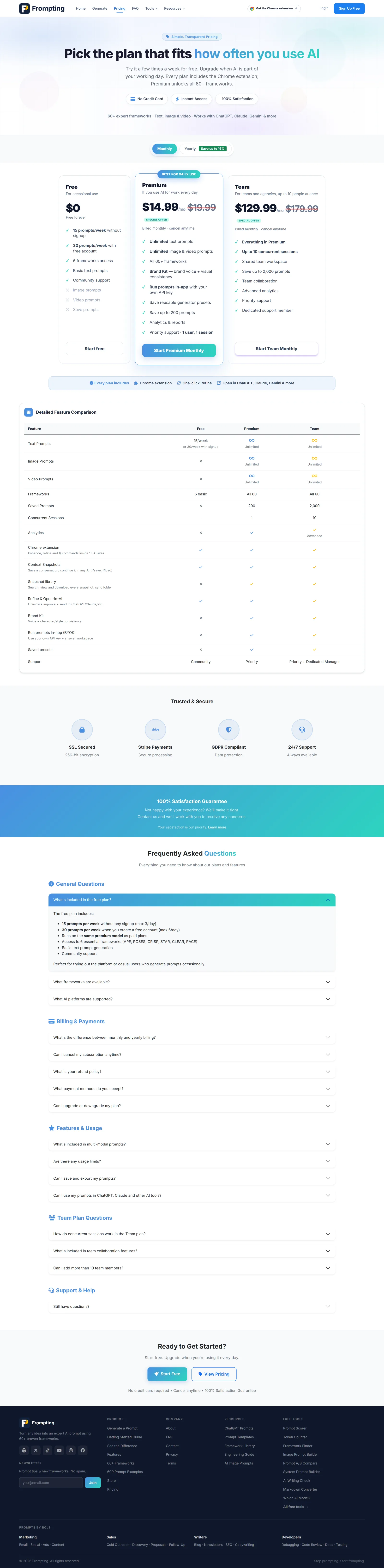 The pricing page, where you can switch between monthly and yearly billing.