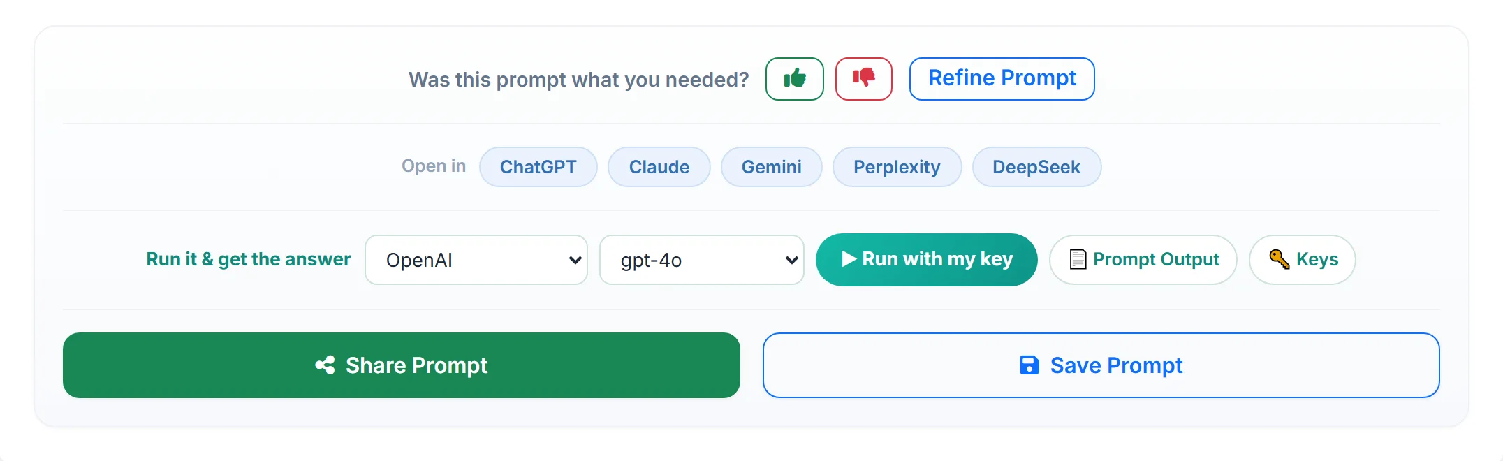 The action bar: feedback and refine, one-click open, run in-app, share and save.