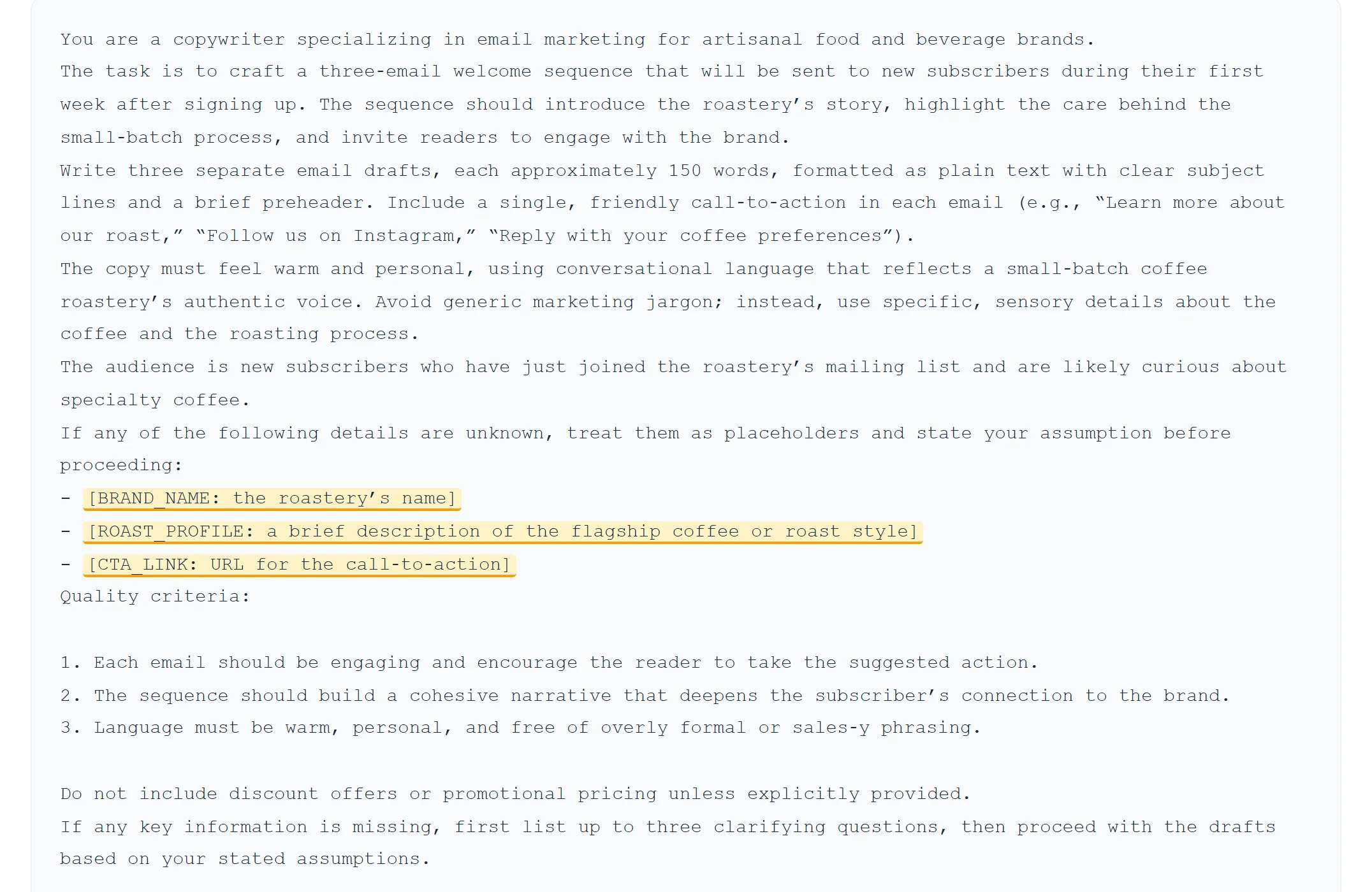 A real generated prompt. Note the assigned role, the explicit word count, the audience, and three highlighted gaps.