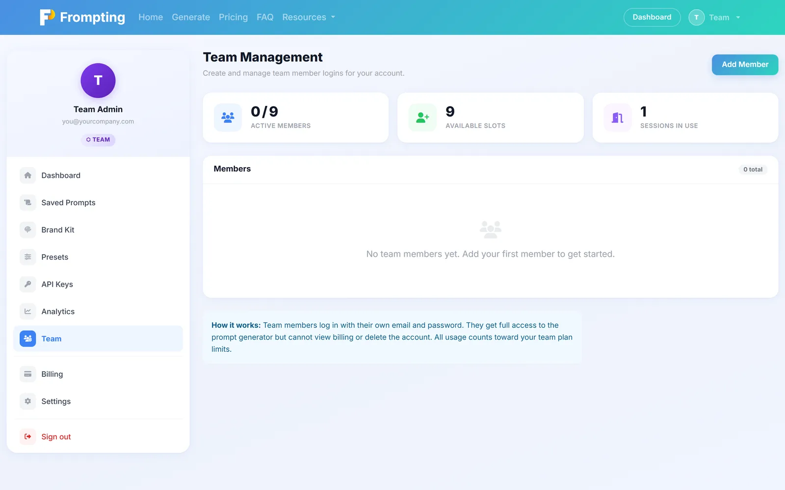 Team management: invite members, see activity, remove seats.