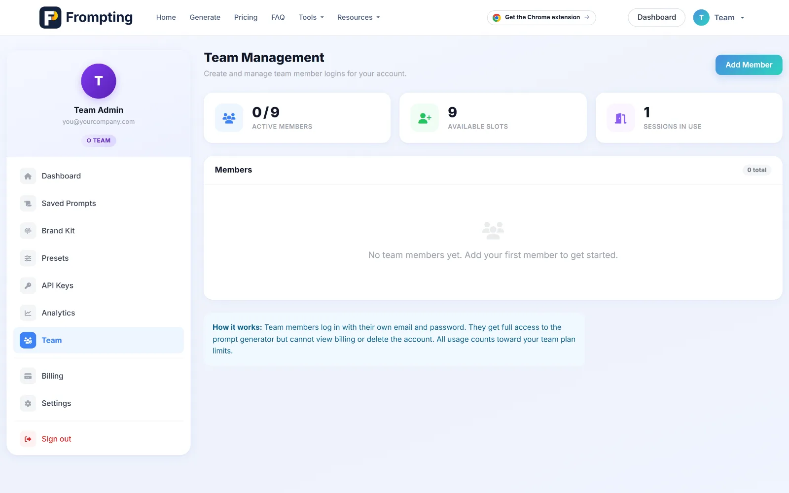 Team management: invite members, see activity, remove seats.