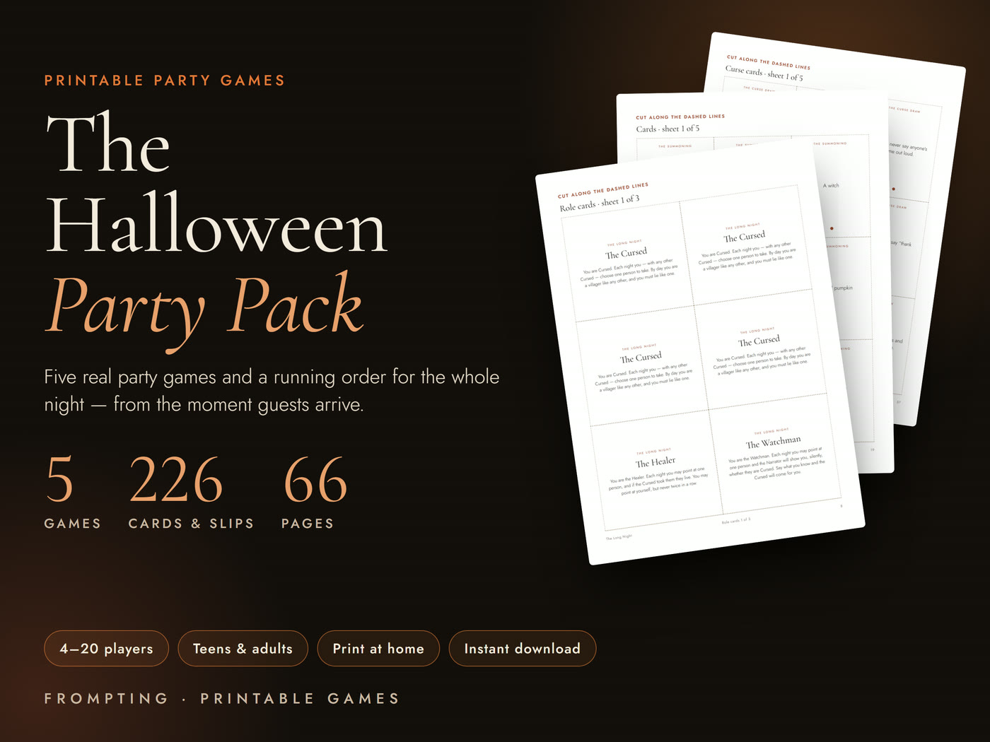 The Halloween Party Pack — five printable party games, 226 cards and slips, 66 pages